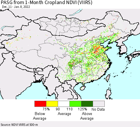 China, Mongolia and Taiwan PASG from 1-Month Cropland NDVI (VIIRS) Thematic Map For 1/1/2022 - 1/8/2022