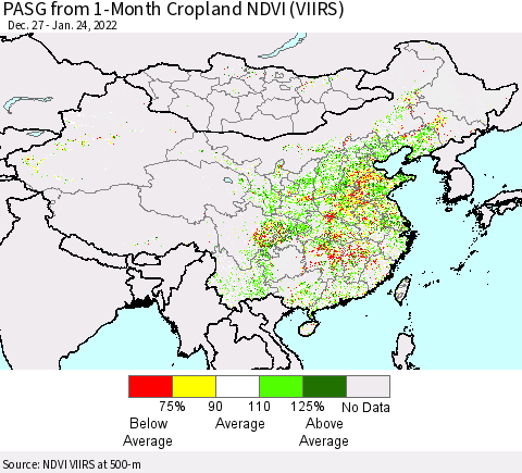 China, Mongolia and Taiwan PASG from 1-Month Cropland NDVI (VIIRS) Thematic Map For 1/17/2022 - 1/24/2022