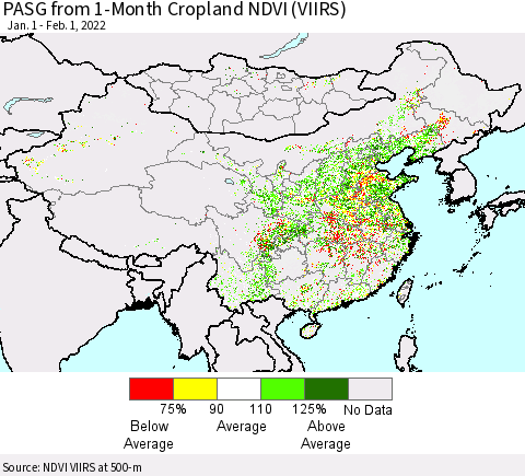 China, Mongolia and Taiwan PASG from 1-Month Cropland NDVI (VIIRS) Thematic Map For 1/25/2022 - 2/1/2022