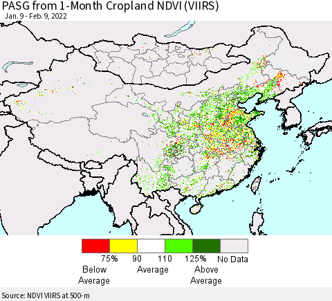 China, Mongolia and Taiwan PASG from 1-Month Cropland NDVI (VIIRS) Thematic Map For 2/2/2022 - 2/9/2022