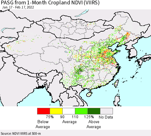 China, Mongolia and Taiwan PASG from 1-Month Cropland NDVI (VIIRS) Thematic Map For 2/10/2022 - 2/17/2022