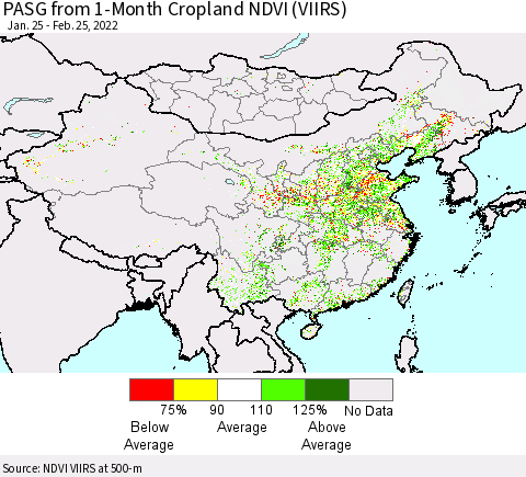 China, Mongolia and Taiwan PASG from 1-Month Cropland NDVI (VIIRS) Thematic Map For 2/18/2022 - 2/25/2022