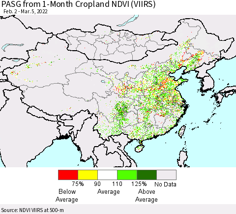 China, Mongolia and Taiwan PASG from 1-Month Cropland NDVI (VIIRS) Thematic Map For 2/26/2022 - 3/5/2022