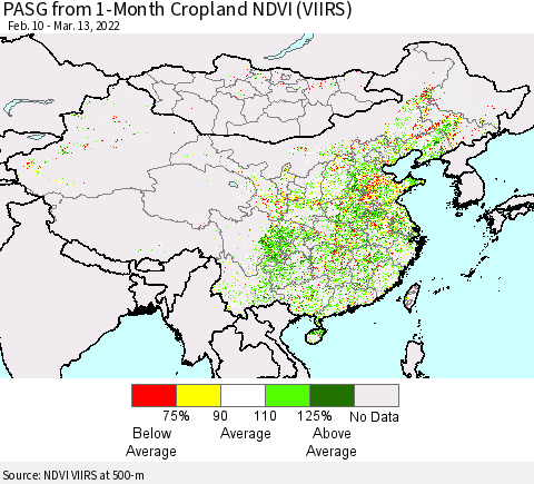 China, Mongolia and Taiwan PASG from 1-Month Cropland NDVI (VIIRS) Thematic Map For 3/6/2022 - 3/13/2022