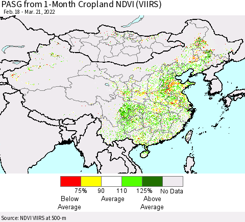 China, Mongolia and Taiwan PASG from 1-Month Cropland NDVI (VIIRS) Thematic Map For 3/14/2022 - 3/21/2022