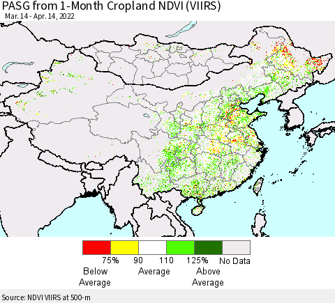 China, Mongolia and Taiwan PASG from 1-Month Cropland NDVI (VIIRS) Thematic Map For 4/7/2022 - 4/14/2022