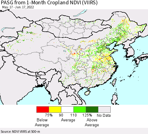 China, Mongolia and Taiwan PASG from 1-Month Cropland NDVI (VIIRS) Thematic Map For 6/10/2022 - 6/17/2022