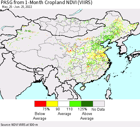 China, Mongolia and Taiwan PASG from 1-Month Cropland NDVI (VIIRS) Thematic Map For 6/18/2022 - 6/25/2022