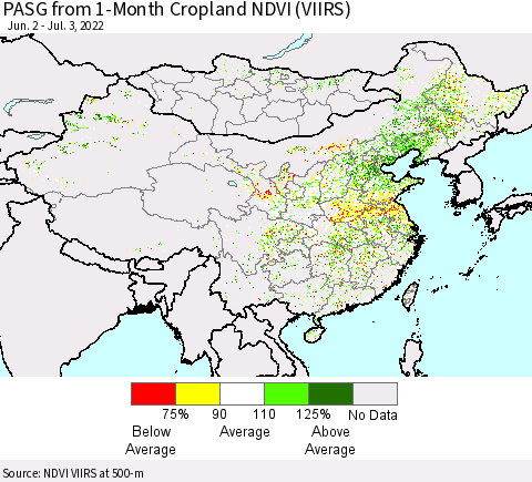 China, Mongolia and Taiwan PASG from 1-Month Cropland NDVI (VIIRS) Thematic Map For 6/26/2022 - 7/3/2022