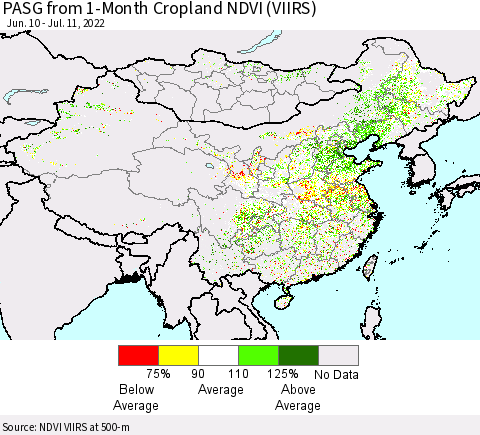 China, Mongolia and Taiwan PASG from 1-Month Cropland NDVI (VIIRS) Thematic Map For 7/4/2022 - 7/11/2022