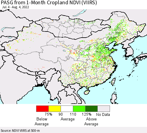 China, Mongolia and Taiwan PASG from 1-Month Cropland NDVI (VIIRS) Thematic Map For 7/28/2022 - 8/4/2022