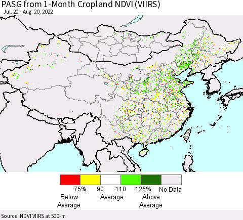 China, Mongolia and Taiwan PASG from 1-Month Cropland NDVI (VIIRS) Thematic Map For 8/13/2022 - 8/20/2022
