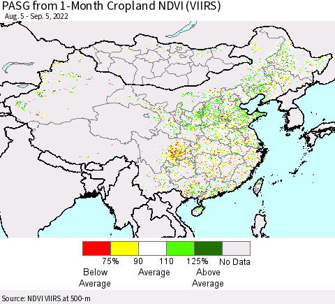 China, Mongolia and Taiwan PASG from 1-Month Cropland NDVI (VIIRS) Thematic Map For 8/29/2022 - 9/5/2022