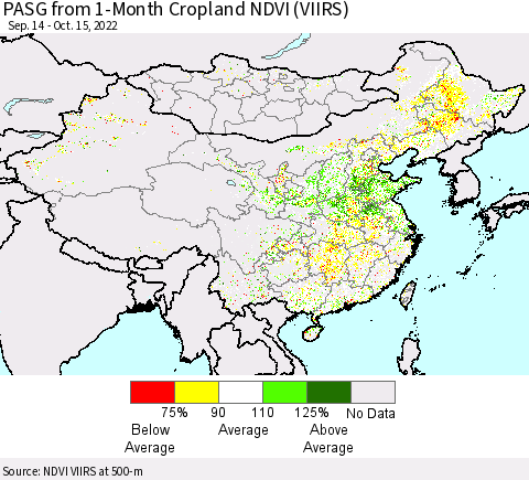China, Mongolia and Taiwan PASG from 1-Month Cropland NDVI (VIIRS) Thematic Map For 10/8/2022 - 10/15/2022