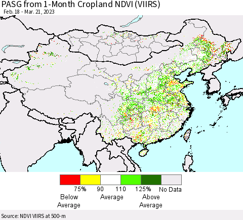 China, Mongolia and Taiwan PASG from 1-Month Cropland NDVI (VIIRS) Thematic Map For 3/14/2023 - 3/21/2023