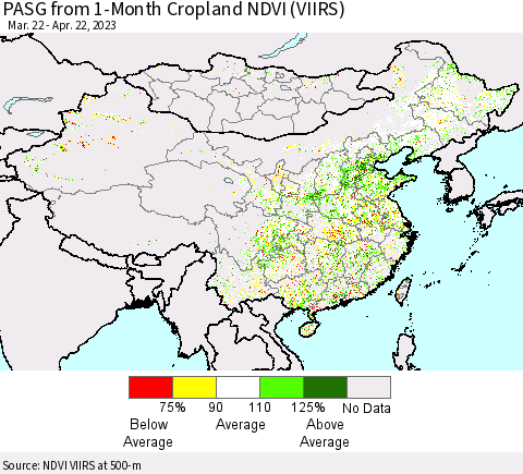 China, Mongolia and Taiwan PASG from 1-Month Cropland NDVI (VIIRS) Thematic Map For 4/15/2023 - 4/22/2023