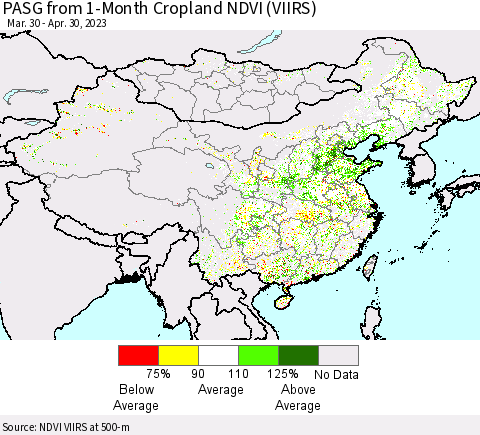 China, Mongolia and Taiwan PASG from 1-Month Cropland NDVI (VIIRS) Thematic Map For 4/23/2023 - 4/30/2023