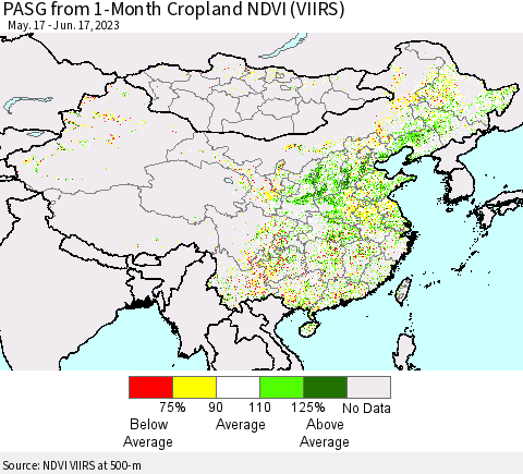 China, Mongolia and Taiwan PASG from 1-Month Cropland NDVI (VIIRS) Thematic Map For 6/10/2023 - 6/17/2023