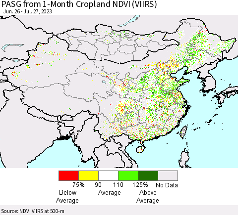 China, Mongolia and Taiwan PASG from 1-Month Cropland NDVI (VIIRS) Thematic Map For 7/20/2023 - 7/27/2023