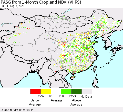 China, Mongolia and Taiwan PASG from 1-Month Cropland NDVI (VIIRS) Thematic Map For 7/28/2023 - 8/4/2023