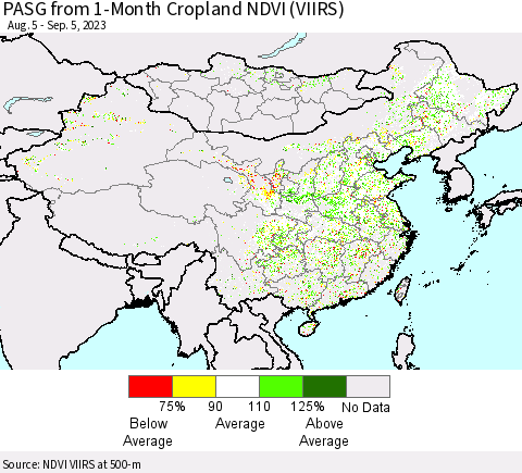 China, Mongolia and Taiwan PASG from 1-Month Cropland NDVI (VIIRS) Thematic Map For 8/29/2023 - 9/5/2023