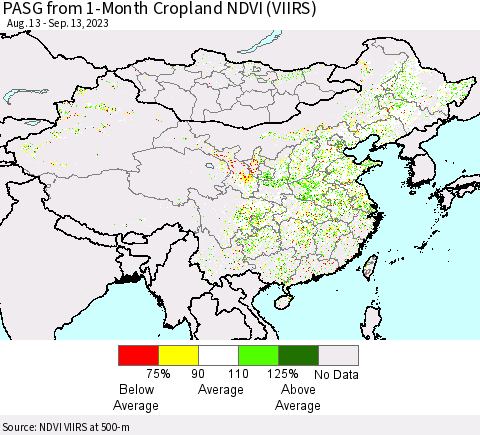 China, Mongolia and Taiwan PASG from 1-Month Cropland NDVI (VIIRS) Thematic Map For 9/6/2023 - 9/13/2023