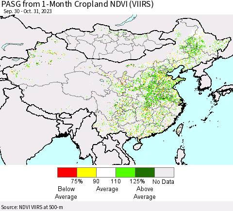 China, Mongolia and Taiwan PASG from 1-Month Cropland NDVI (VIIRS) Thematic Map For 10/24/2023 - 10/31/2023