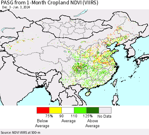 China, Mongolia and Taiwan PASG from 1-Month Cropland NDVI (VIIRS) Thematic Map For 12/27/2023 - 1/3/2024