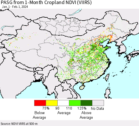 China, Mongolia and Taiwan PASG from 1-Month Cropland NDVI (VIIRS) Thematic Map For 1/25/2024 - 2/1/2024