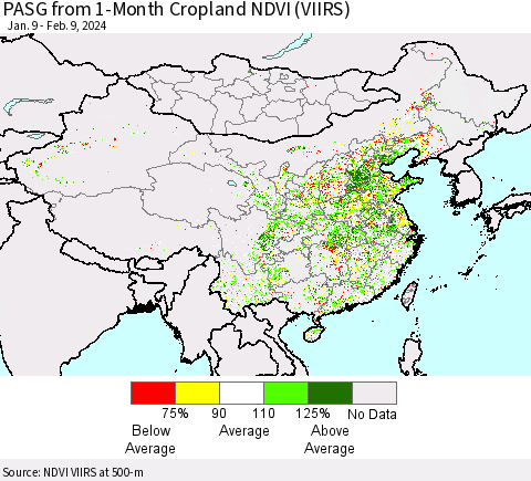 China, Mongolia and Taiwan PASG from 1-Month Cropland NDVI (VIIRS) Thematic Map For 2/2/2024 - 2/9/2024