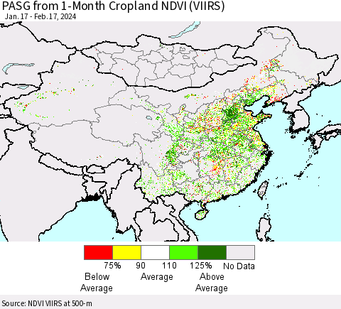 China, Mongolia and Taiwan PASG from 1-Month Cropland NDVI (VIIRS) Thematic Map For 2/10/2024 - 2/17/2024