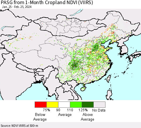 China, Mongolia and Taiwan PASG from 1-Month Cropland NDVI (VIIRS) Thematic Map For 2/18/2024 - 2/25/2024