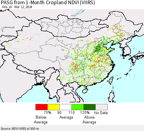 China, Mongolia and Taiwan PASG from 1-Month Cropland NDVI (VIIRS) Thematic Map For 3/5/2024 - 3/12/2024