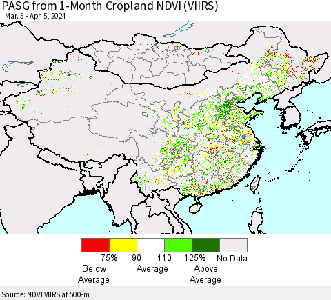 China, Mongolia and Taiwan PASG from 1-Month Cropland NDVI (VIIRS) Thematic Map For 3/29/2024 - 4/5/2024