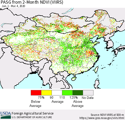 China, Mongolia and Taiwan PASG from 2-Month NDVI (VIIRS) Thematic Map For 3/1/2020 - 3/10/2020