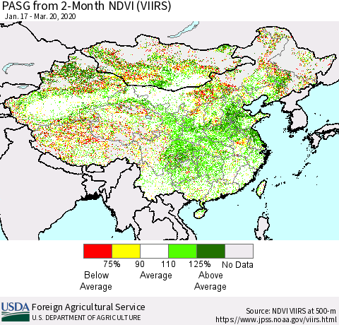 China, Mongolia and Taiwan PASG from 2-Month NDVI (VIIRS) Thematic Map For 3/11/2020 - 3/20/2020