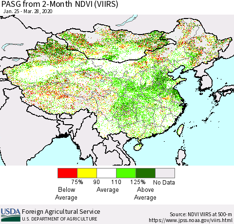 China, Mongolia and Taiwan PASG from 2-Month NDVI (VIIRS) Thematic Map For 3/21/2020 - 3/31/2020