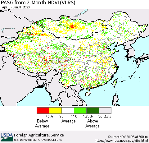 China, Mongolia and Taiwan PASG from 2-Month NDVI (VIIRS) Thematic Map For 6/1/2020 - 6/10/2020