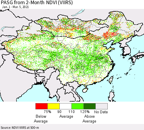 China, Mongolia and Taiwan PASG from 2-Month NDVI (VIIRS) Thematic Map For 2/26/2021 - 3/5/2021