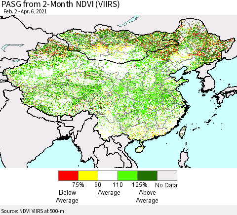 China, Mongolia and Taiwan PASG from 2-Month NDVI (VIIRS) Thematic Map For 3/30/2021 - 4/6/2021