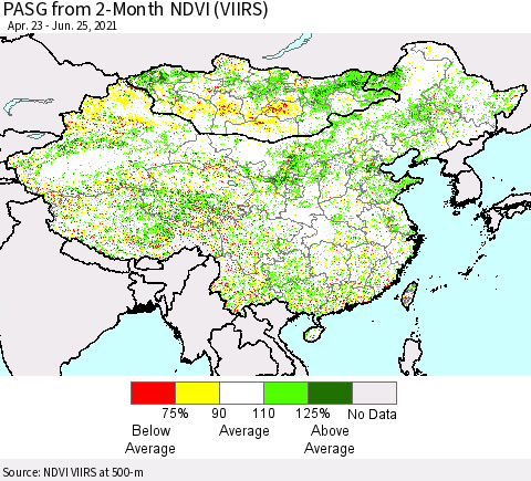 China, Mongolia and Taiwan PASG from 2-Month NDVI (VIIRS) Thematic Map For 6/18/2021 - 6/25/2021