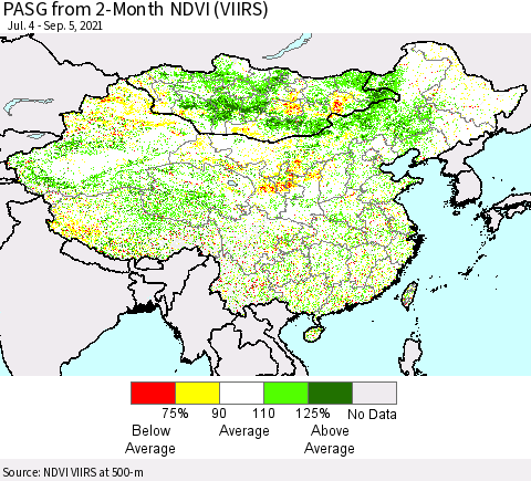 China, Mongolia and Taiwan PASG from 2-Month NDVI (VIIRS) Thematic Map For 8/29/2021 - 9/5/2021