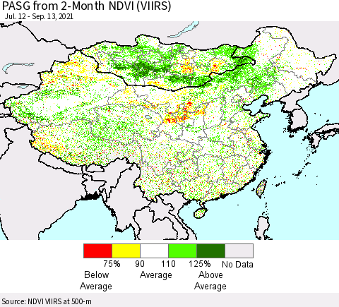 China, Mongolia and Taiwan PASG from 2-Month NDVI (VIIRS) Thematic Map For 9/6/2021 - 9/13/2021