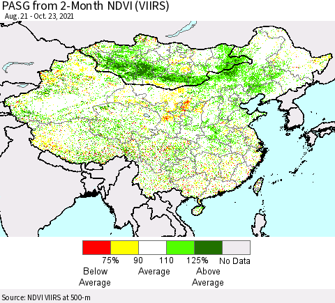 China, Mongolia and Taiwan PASG from 2-Month NDVI (VIIRS) Thematic Map For 10/16/2021 - 10/23/2021