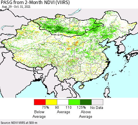 China, Mongolia and Taiwan PASG from 2-Month NDVI (VIIRS) Thematic Map For 10/24/2021 - 10/31/2021