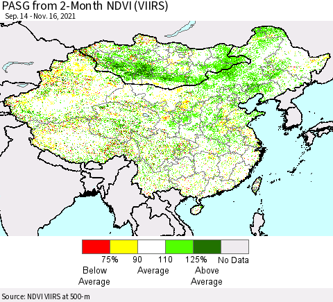 China, Mongolia and Taiwan PASG from 2-Month NDVI (VIIRS) Thematic Map For 11/9/2021 - 11/16/2021