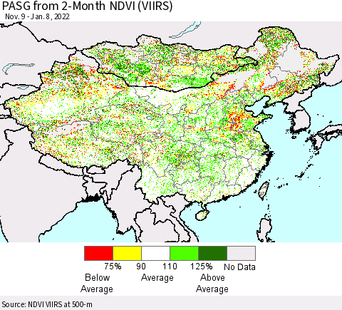 China, Mongolia and Taiwan PASG from 2-Month NDVI (VIIRS) Thematic Map For 1/1/2022 - 1/8/2022