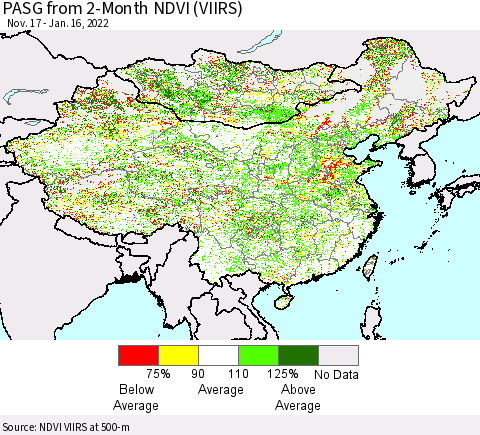 China, Mongolia and Taiwan PASG from 2-Month NDVI (VIIRS) Thematic Map For 1/9/2022 - 1/16/2022