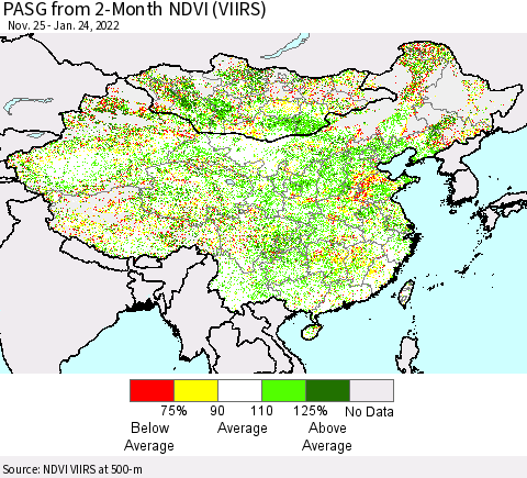 China, Mongolia and Taiwan PASG from 2-Month NDVI (VIIRS) Thematic Map For 1/17/2022 - 1/24/2022