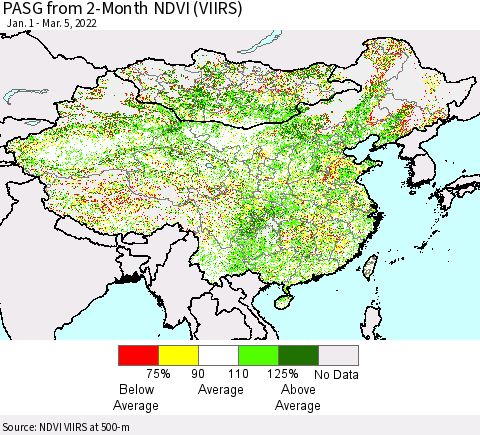 China, Mongolia and Taiwan PASG from 2-Month NDVI (VIIRS) Thematic Map For 2/26/2022 - 3/5/2022